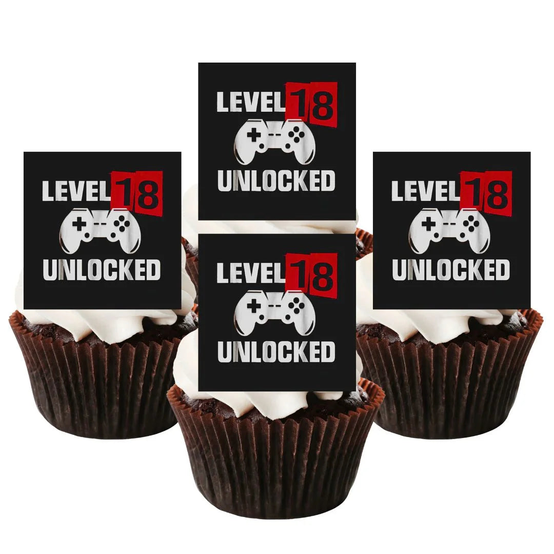 18th Birthday Gamer Level Up Edible Cupcake Toppers on chocolate frosted cupcakes
