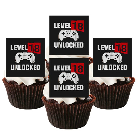 18th Birthday Gamer Level Up Edible Cupcake Toppers on chocolate frosted cupcakes