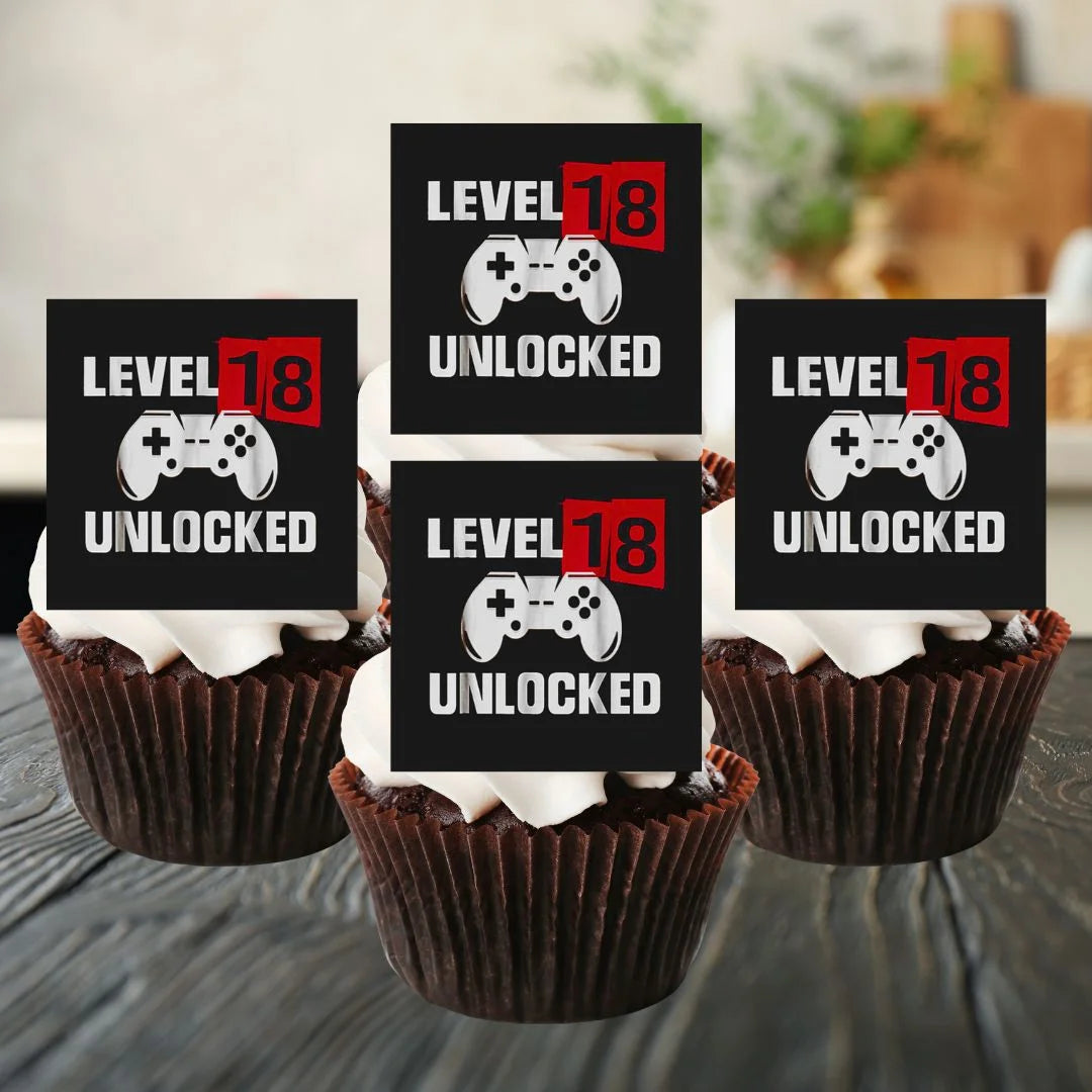level 18 unlocked cupcake toppers on chocolate cupcakes with white frosting