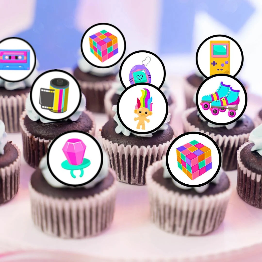 80's Theme Edible Cupcake Toppers on chocolate cupcakes with white frosting