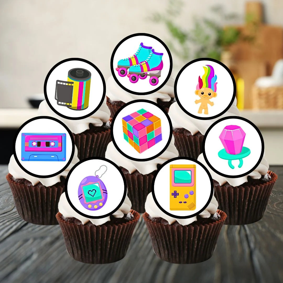 80's Theme Edible Cupcake Toppers on chocolate cupcakes with white frosting