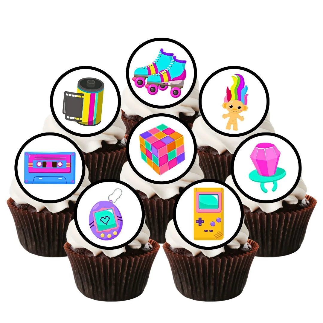 80's Theme Edible Cupcake Toppers on chocolate cupcakes with white frosting