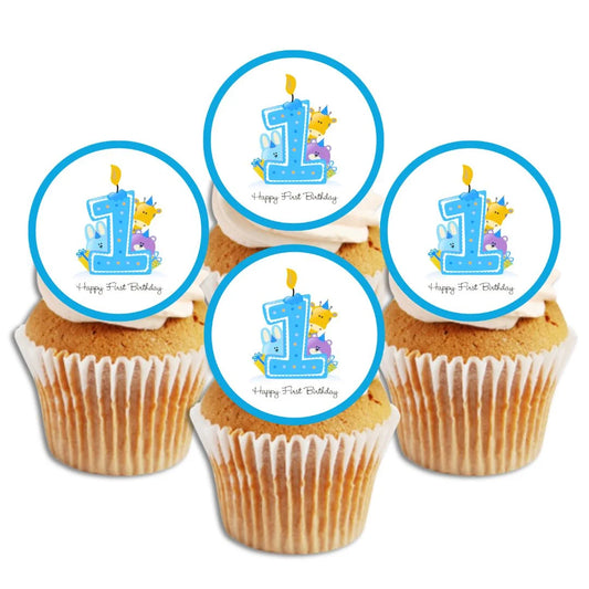 cute cupcake toppers with a blue 1 and illustrated characters on white frosted cupcakes