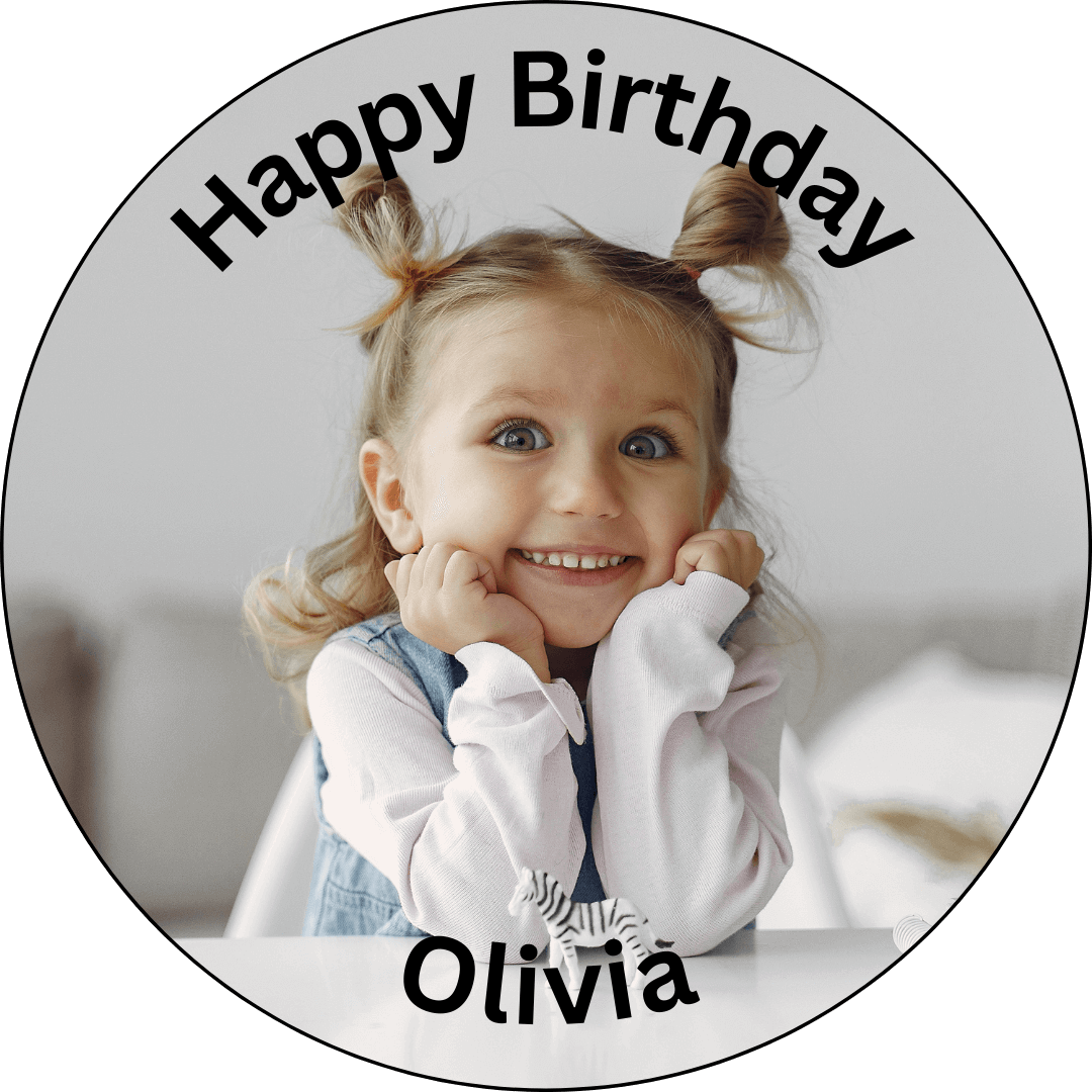 personalised photo round happy birthday edible cake topper on a white background