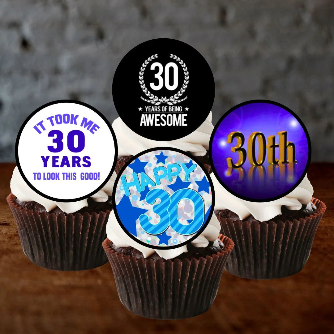lifestyle shot of 30th Birthday Blue Edible Cupcake Toppers on chocolate frosted cupcakes