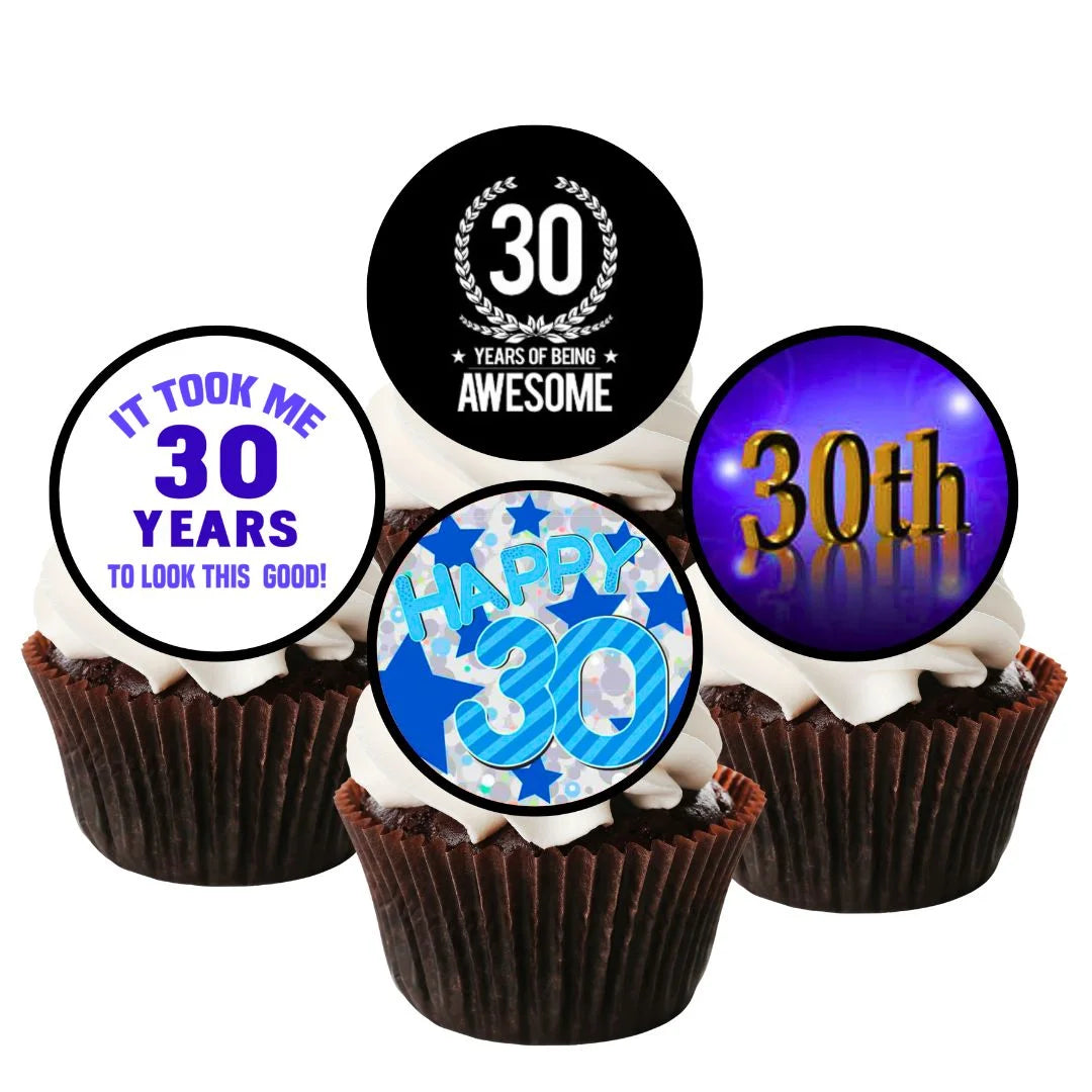 30th Birthday Blue Edible Cupcake Toppers on chocolate frosted cupcake