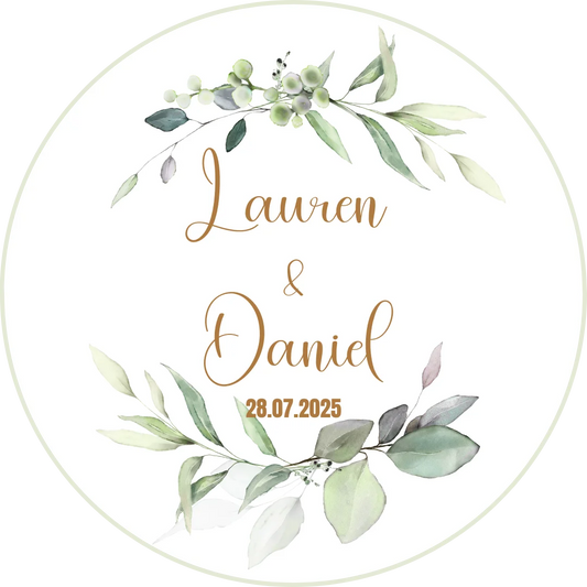 botanical green foliage Personalised Wedding Cupcake Toppers with gold lettering