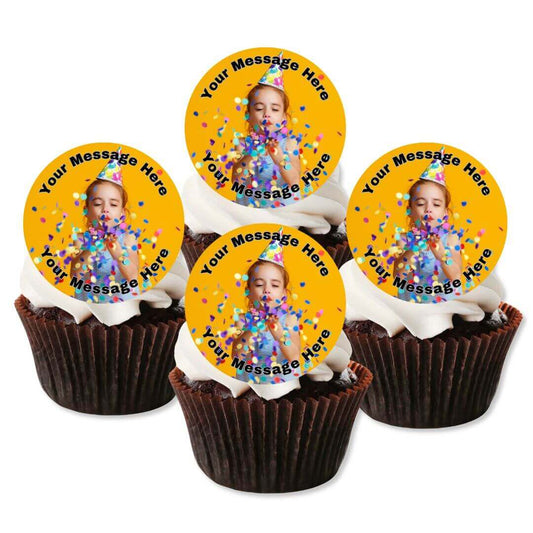 four round cupcake toppers with photo designs on top of white frosted cupcakes on a white background