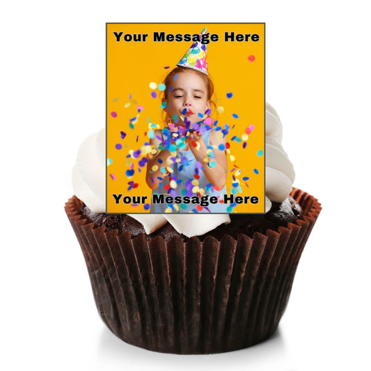 rectangle photo edible cupcake topper on a cupcake with white frosting ona white background
