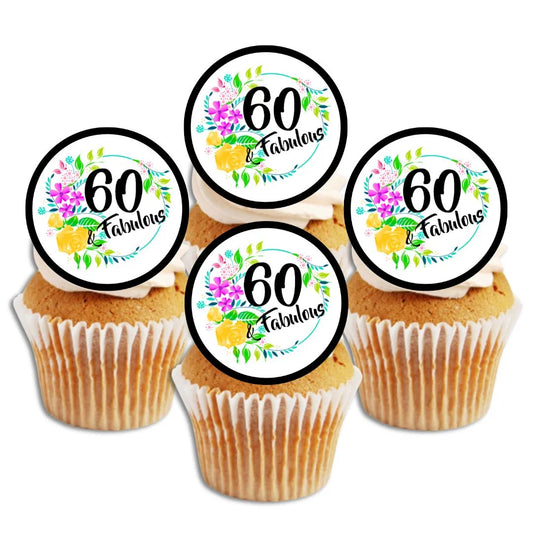 60 & Fabulous Edible Cupcake Toppers with floral details and black text
