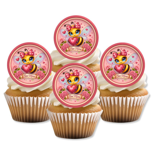Cupcakes with cartoon bee toppers on a white background