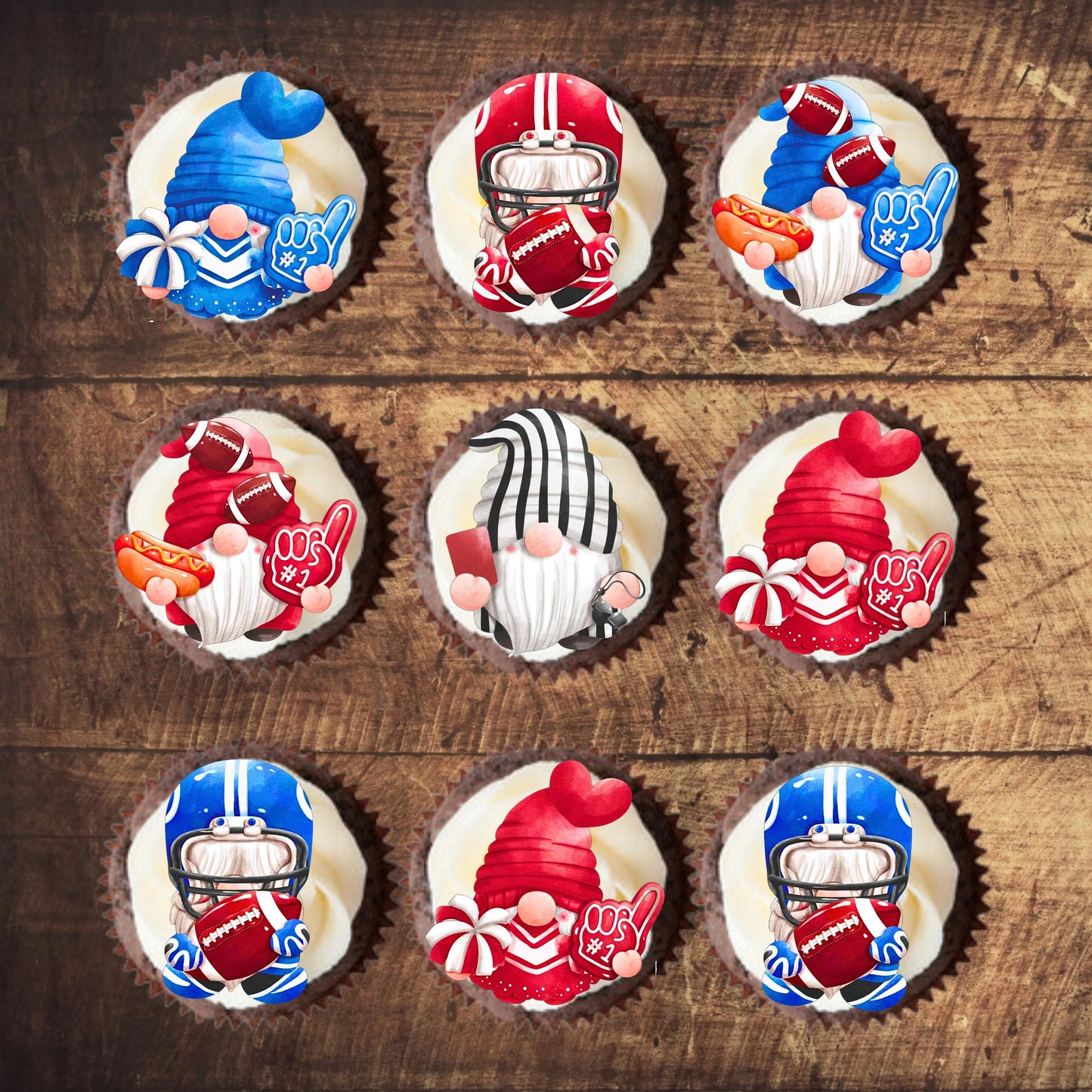 American Football Gnomes Cupcake Toppers on white frosted cupcakes