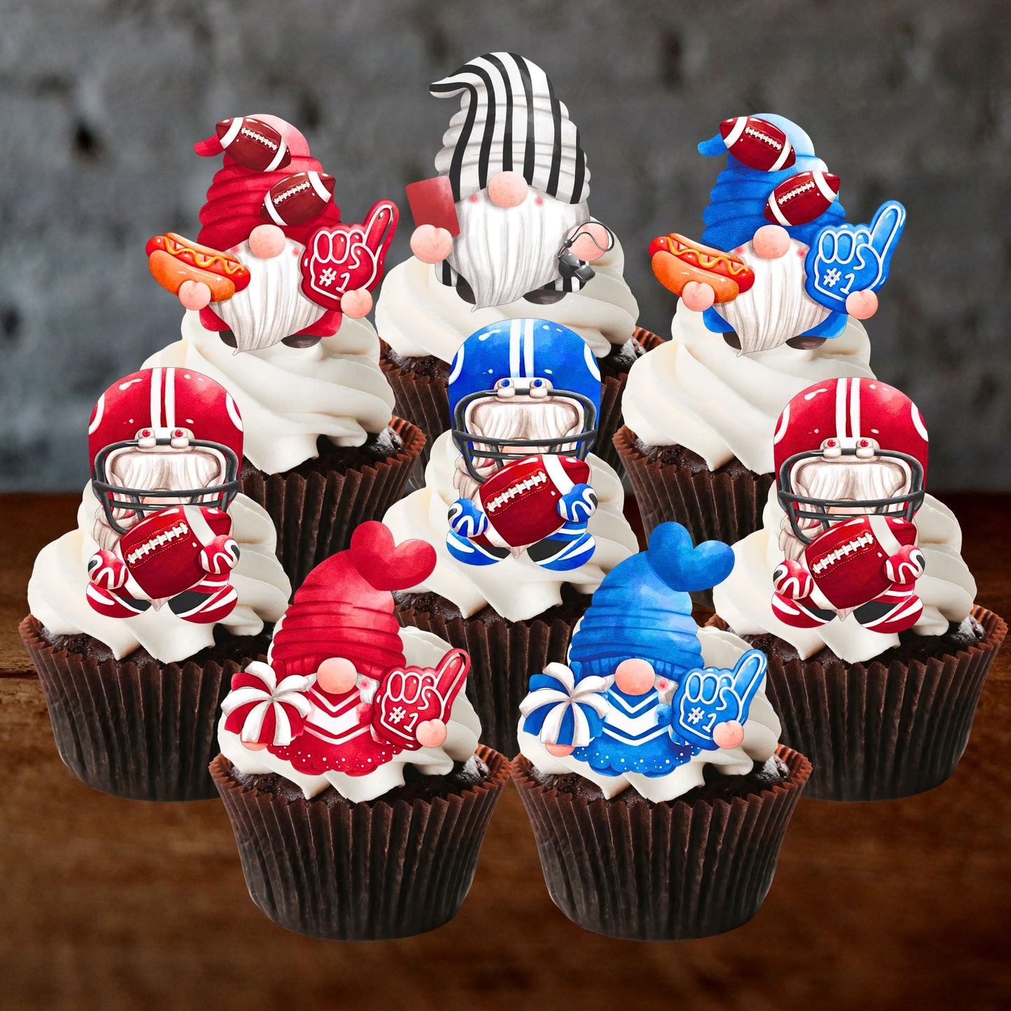 American Football Gnomes Cupcake Toppers on white frosted cupcakes