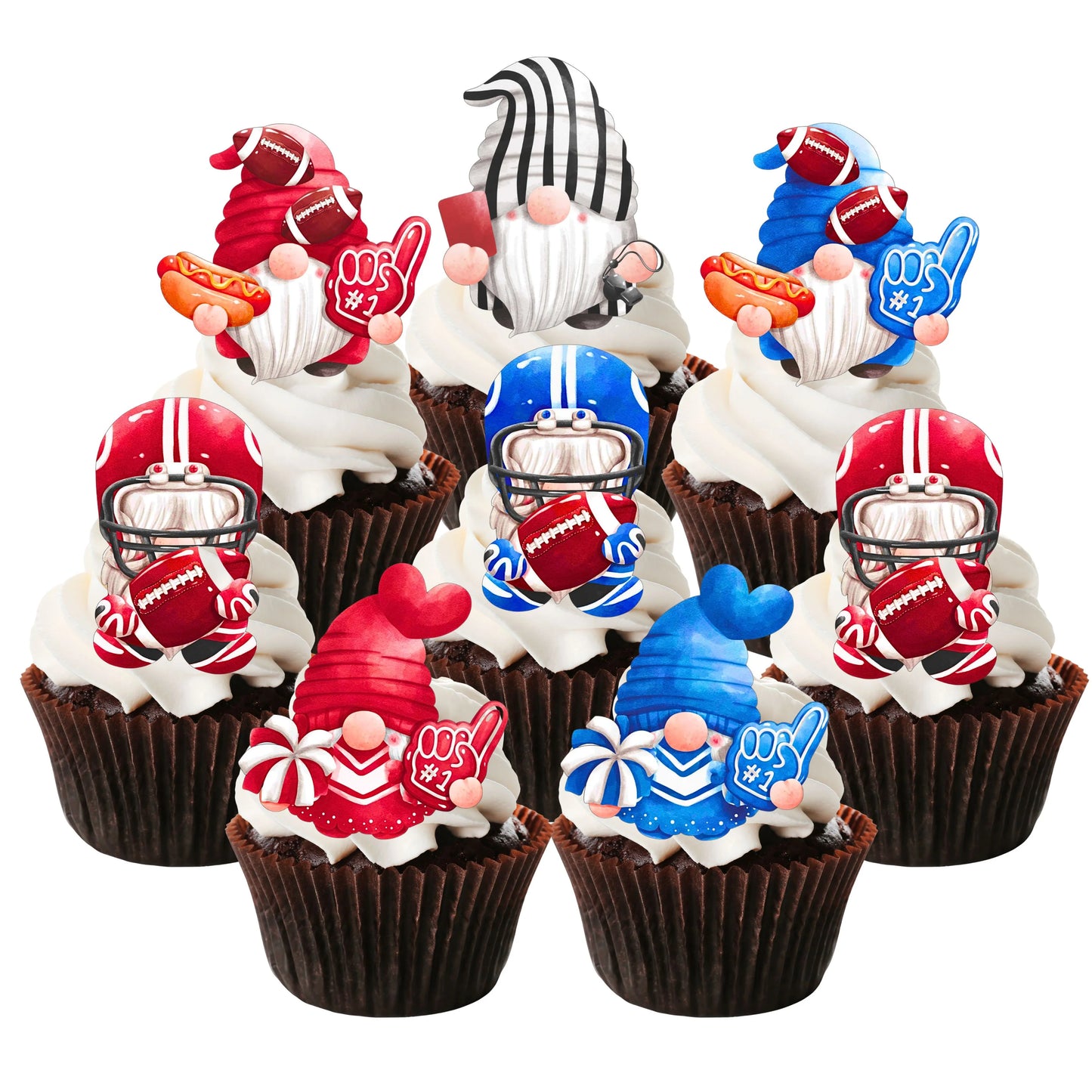 American Football Gnomes Cupcake Toppers on white frosted cupcakes