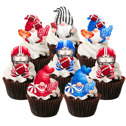 American Football Gnomes Cupcake Toppers on white frosted cupcakes