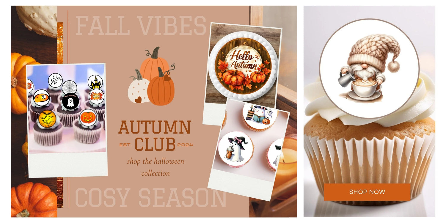 Promotional graphic for a Halloween-themed cupcake collection with pumpkins and a cozy season theme.