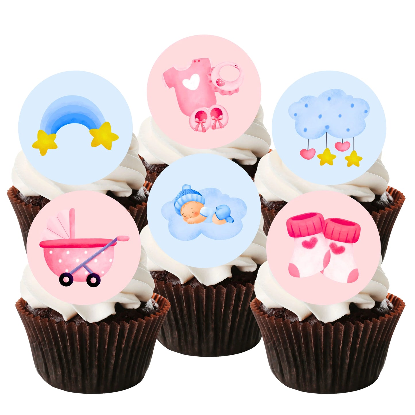 six chocolate cupcakes with white frosting in brown cupcake cases. The cupcakes are topped with edible wafer card cupcake toppers made by Cian's Cupcake Toppers. The toppers feature pink and blue cute illustrations and are perfect for a baby shower or gender reveal party.