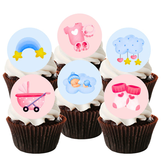 six chocolate cupcakes with white frosting in brown cupcake cases. The cupcakes are topped with edible wafer card cupcake toppers made by Cian's Cupcake Toppers. The toppers feature pink and blue cute illustrations and are perfect for a baby shower or gender reveal party.