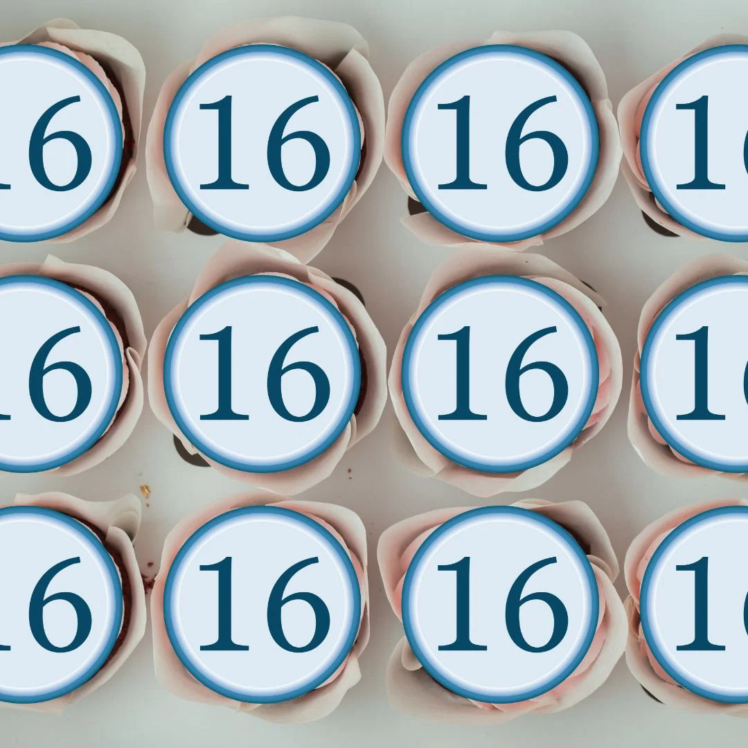 blue 16 edible cupcake toppers placed on frosted cakes