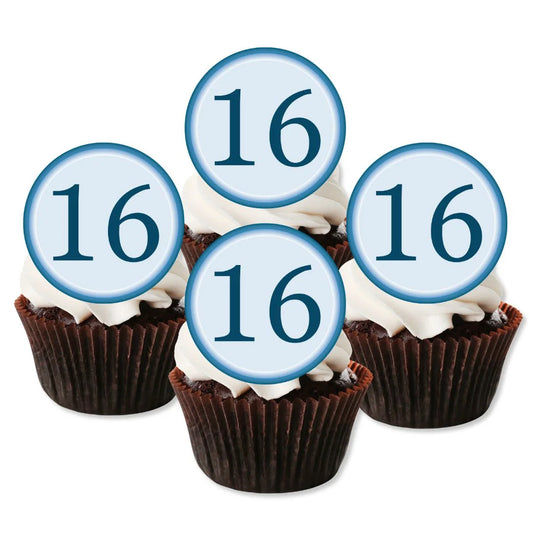 blue 16 wafer cupcake toppers placed on chocolate cakes