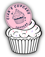 Illustration of a Cians Cupcake Toppers logo as a wafer card cake topper on top of  a cupcake with white frosting and sprinkles.