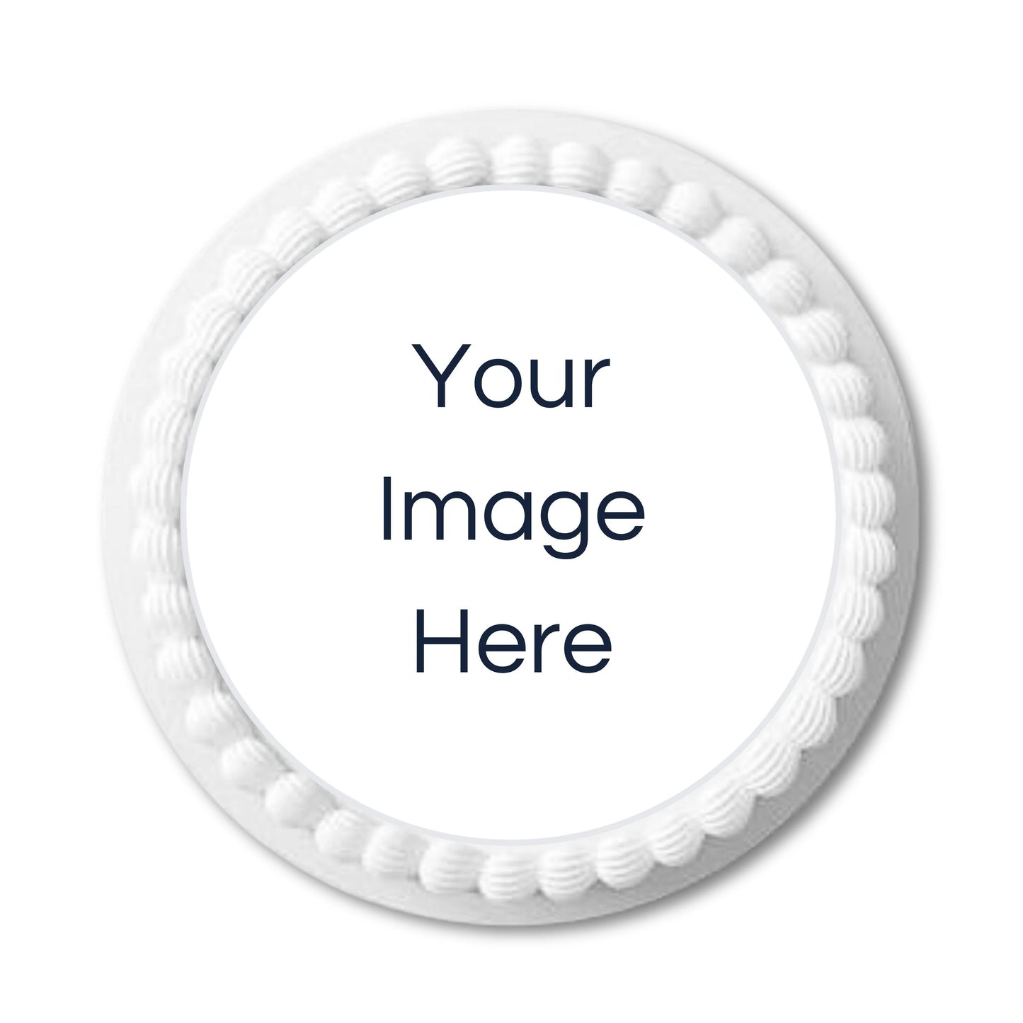 Custom wafer cake topper on white frosted cake