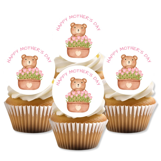 Happy Mothers Day Teddy Bear Edible Toppers on white frosted cupcakes