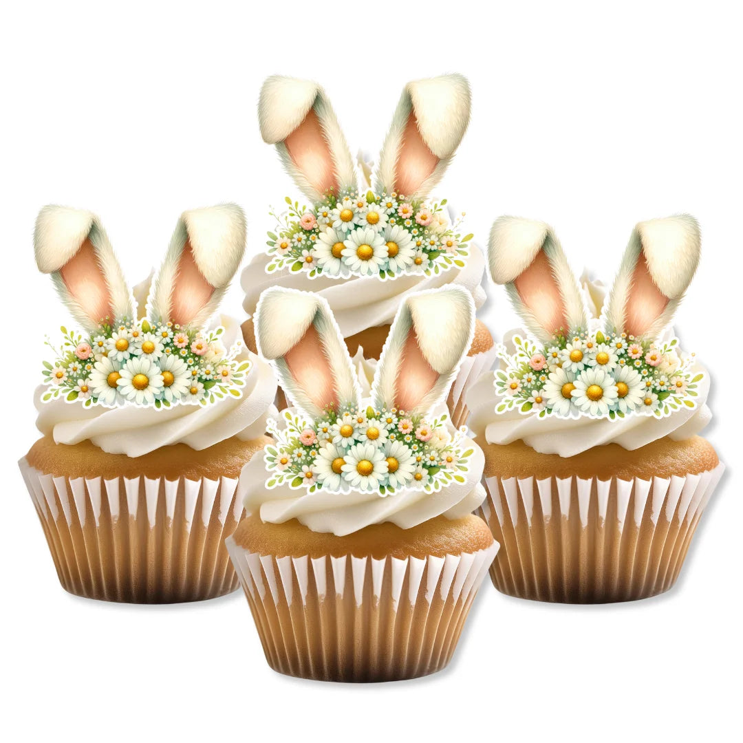 Edible wafer bunny ears with daisies, on top of white frosted cupcakes