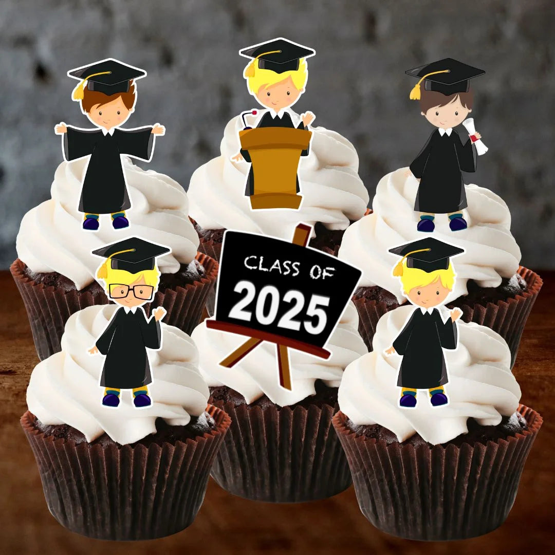 Graduation Boy Mix Edible Cupcake Toppers on white frosted cupcakes
