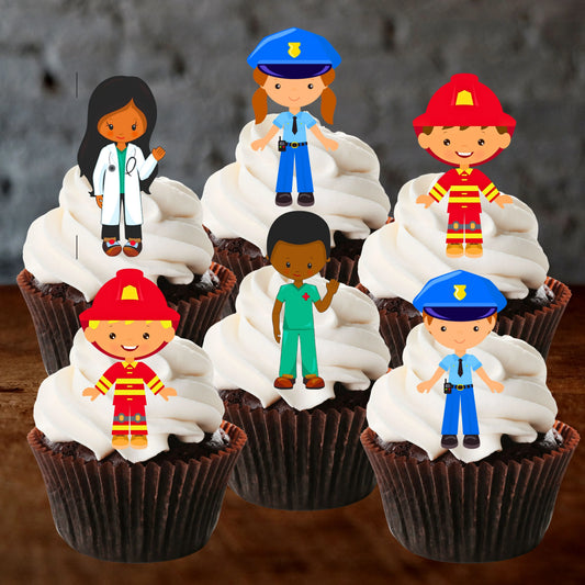 Emergency Services Theme Edible Cupcake Toppers featuring doctor, fire fighter and police character. The toppers are on chocolate cupcakes with white frosting