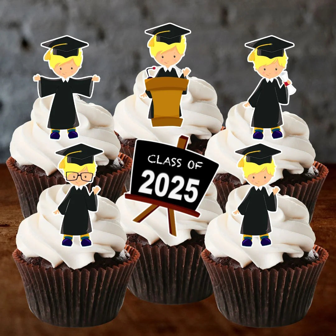 Graduation blond Boy Edible Cupcake Toppers on chocolate cupcakes with white frosting