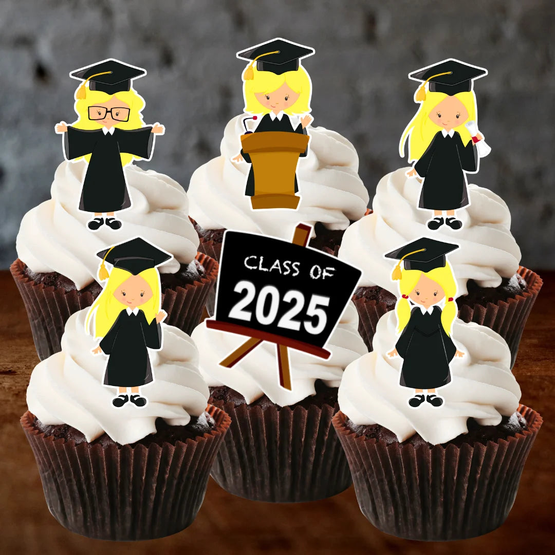 Graduation Blonde Girl Edible Cupcake Toppers on white frosted cupcakes