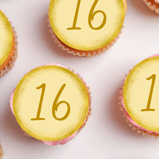 Gold 16th Birthday Edible Cupcake Toppers placed on pink cupcakes