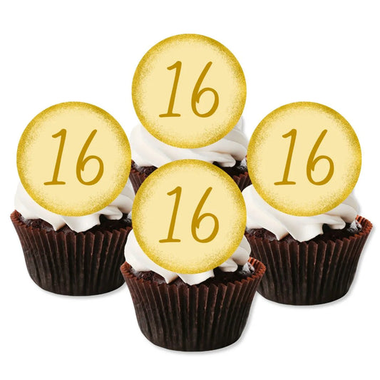 Gold 16th Birthday Edible Cupcake Toppers placed on chocolate cupcakes