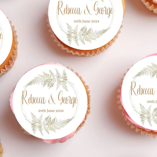 Gold Wreath Design Wedding Cupcake Toppers with personalised name and date on pink frosted cupcakes