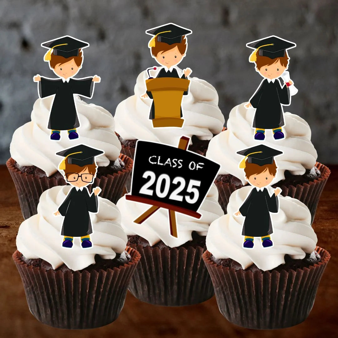 Graduation Boy Class of 2025 Edible Cupcake Toppers on white frosted cupcakes
