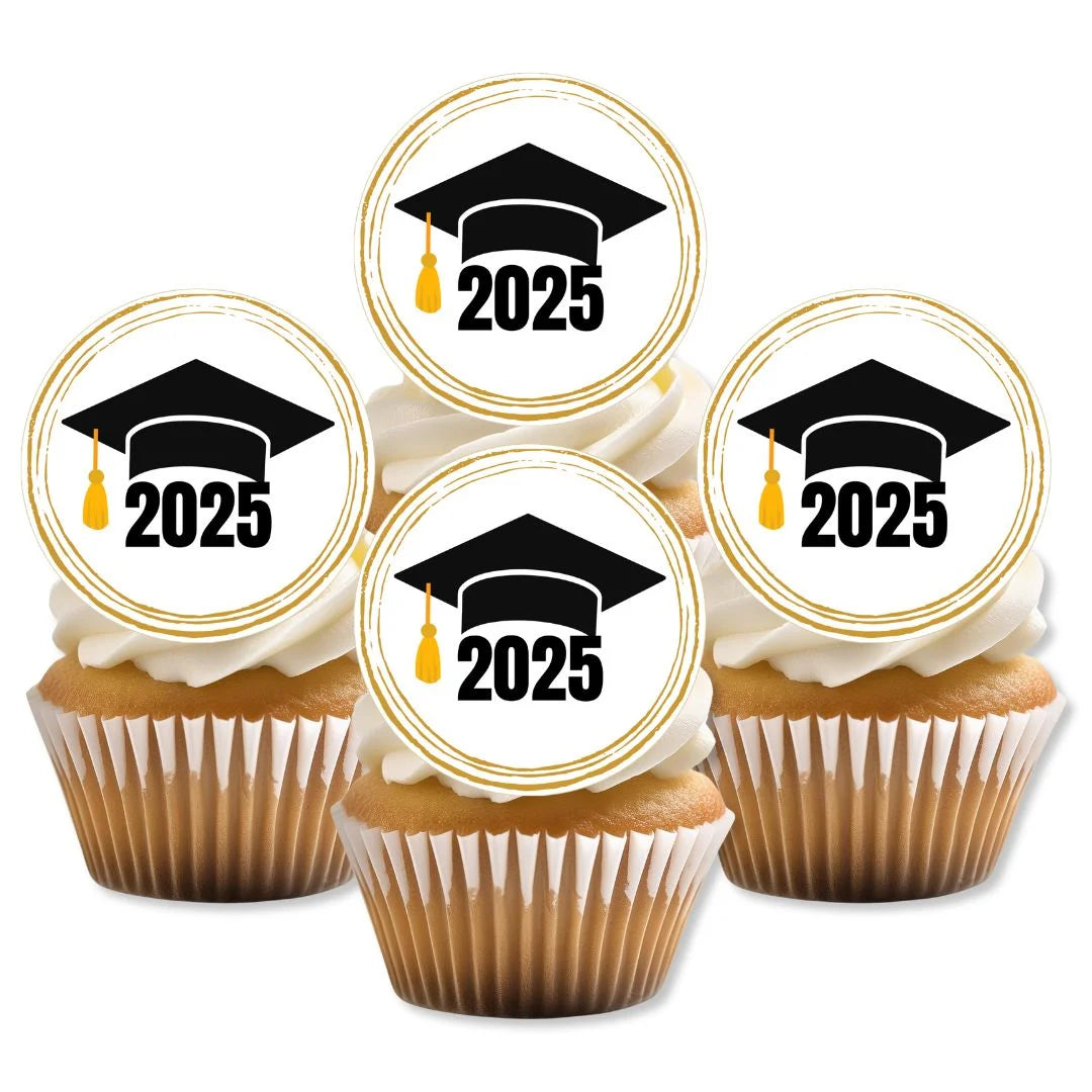 Class of 2025 Round Edible Cupcake Toppers on chocolate cupcakes with white frosting
