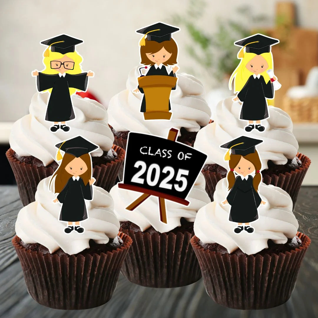 graduation girl cupcake decorations on top of brown frosted cupcakes