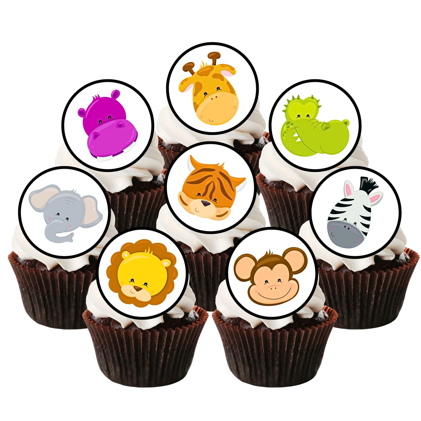 cupcakes with white frosting and illustrated jungle animals cupcake toppers.