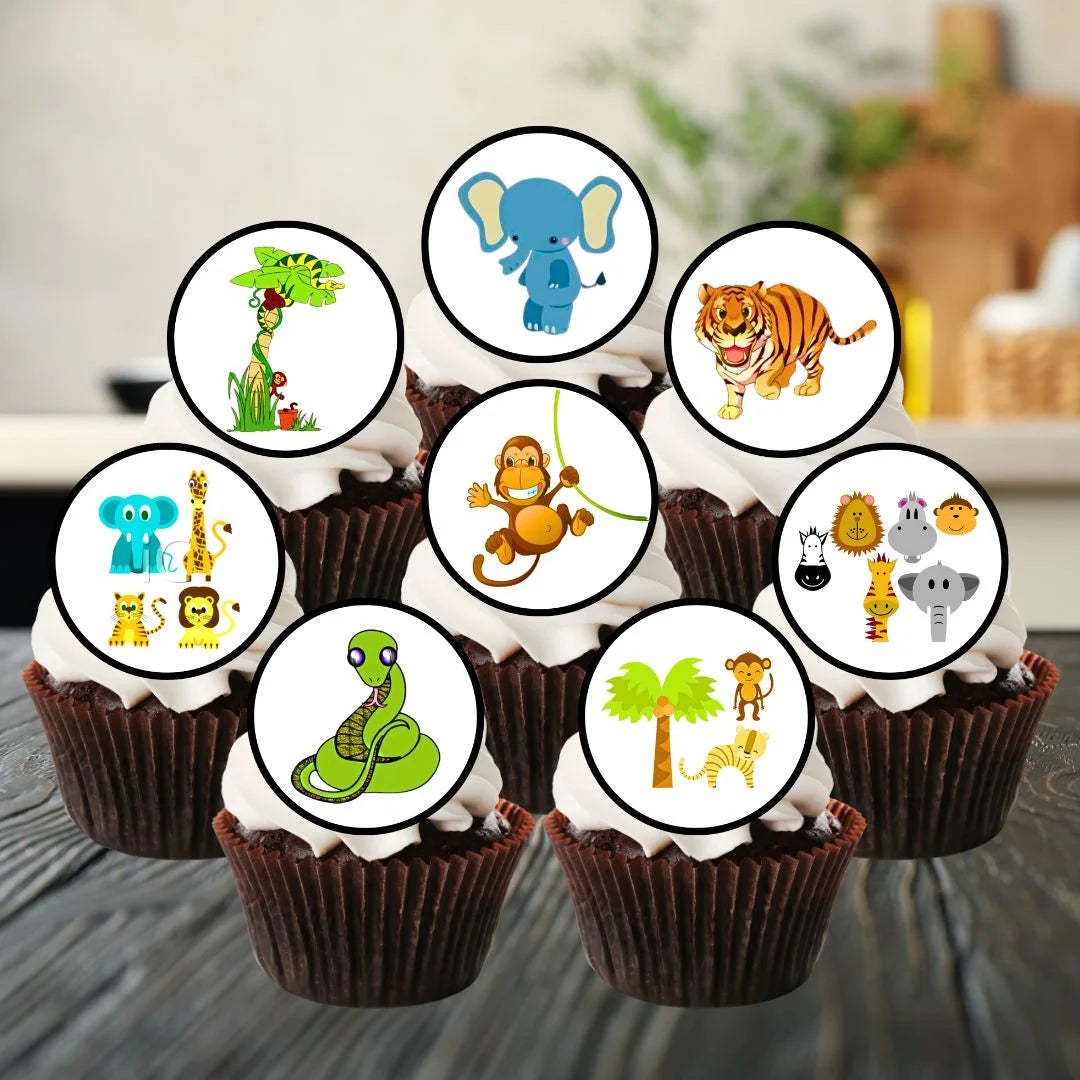 jungle themed edible cupcake toppers featuring cartoon jungle animals including snake, monkey, tiger and eleohant