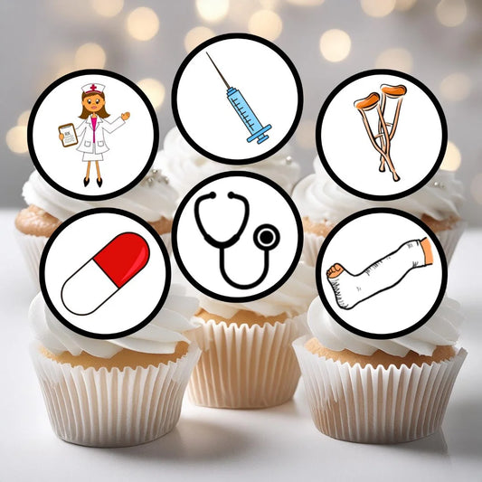 Medical + Hospital Themed Edible Cupcake Toppers on white frosted cupcakes