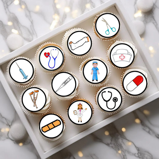 Medical + Hospital Themed Edible Cupcake Toppers on white frosted cupcakes in a tray