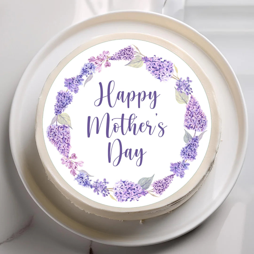 Purple wisteria happy mothers day cake topper, placed on a white iced cake