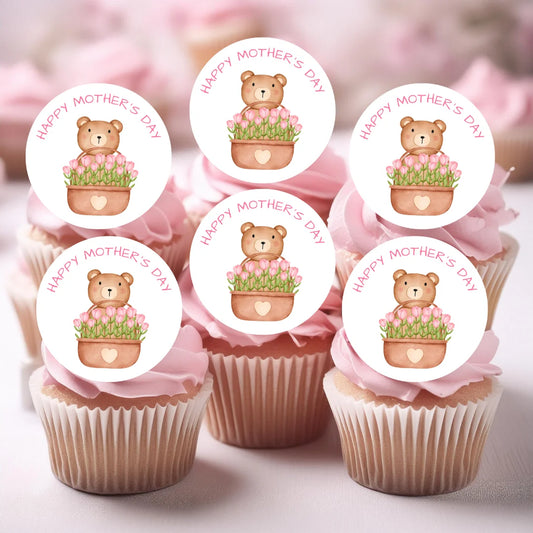 Happy Mothers Day Teddy Bear Edible Toppers on pink frosted cupcakes
