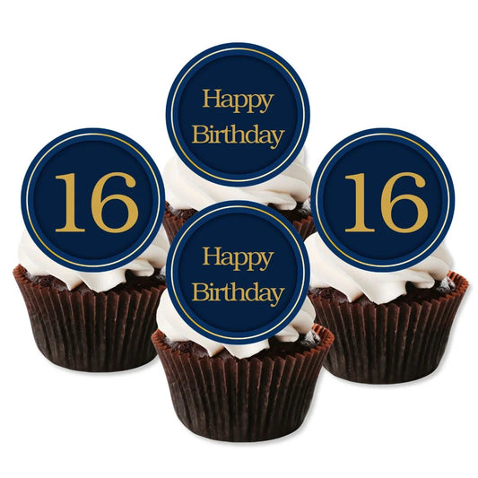 Navy blue 16th birthday cupcake toppers with gold lettering, placed on chocolate frosted cupcakes
