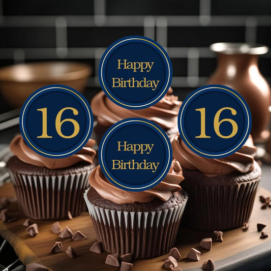 Navy blue 16th birthday cupcake toppers with gold lettering, placed on chocolate cupcakes