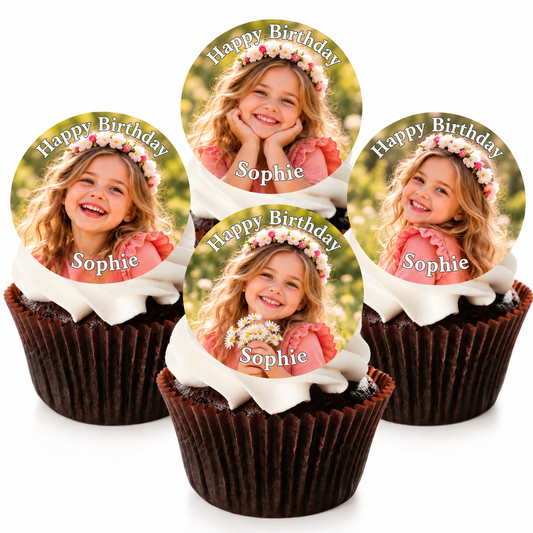 Four cupcakes topped with round white frosting toppers featuring personalized circular photos of a young girl and the text 'Happy Birthday Sophie' on a white background.