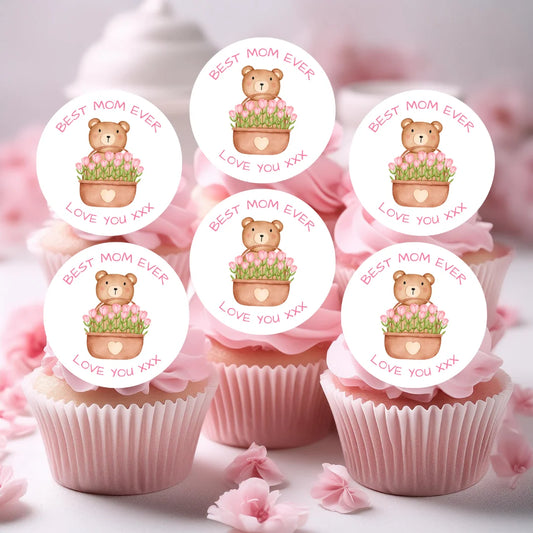 teddy bear Personalised Mothers Day Cupcake Toppers - Teddy Bear placed on pink frosted cupcakes