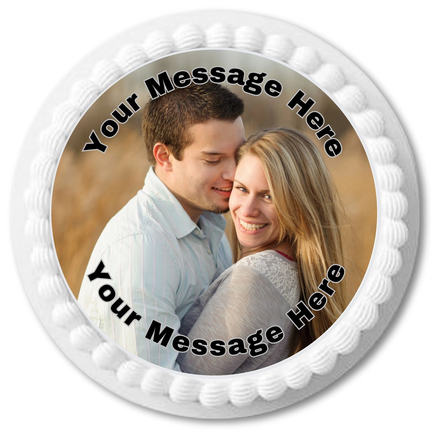 image of a happy couple on edible paper, placed on top of an iced 7 inch cake.