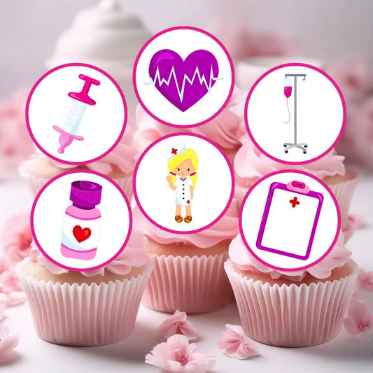 Pink Hospital Nurses Edible Cupcake Toppers on pink frosted cupcakes